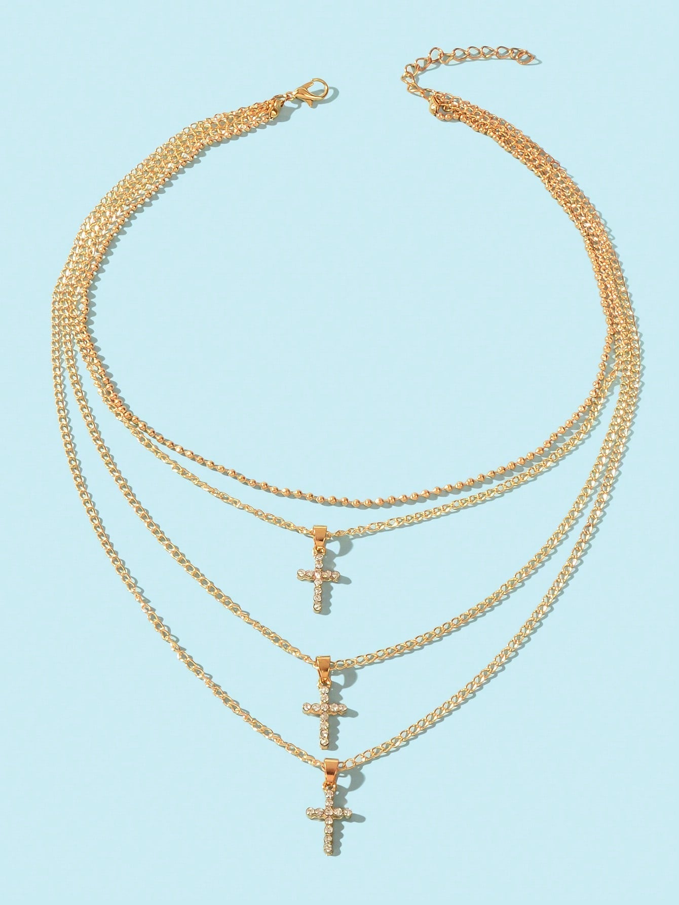 Collana Multistrato Croce con Catene Oro/Silver & Strass – Design Unico