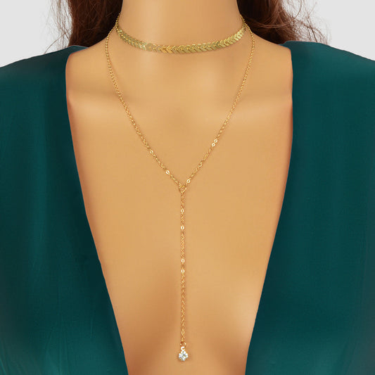 Collana Lariat Doppio Strato con Catene e Pendenti Radianti