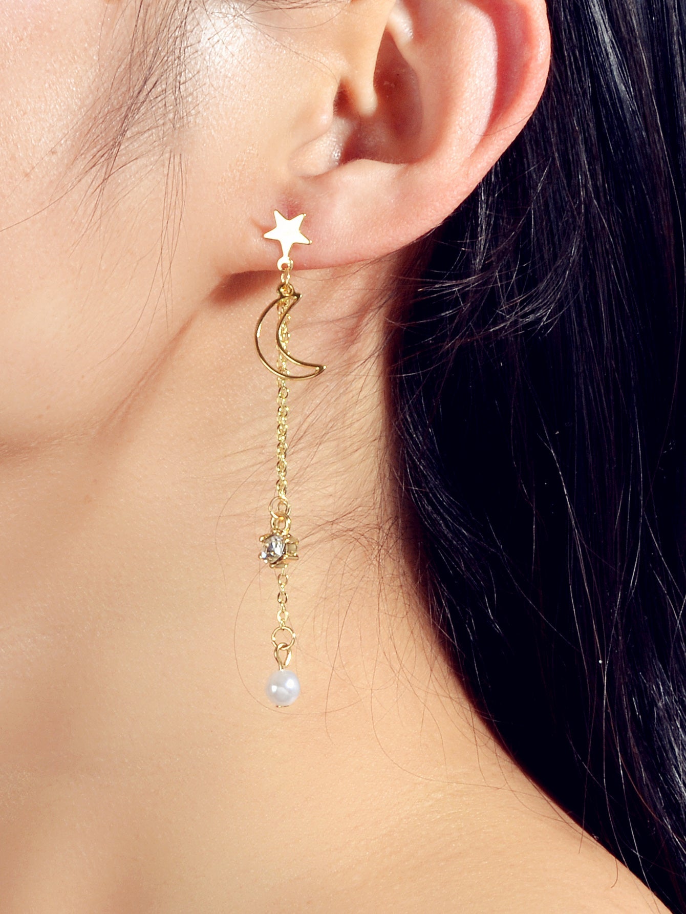 Asymmetric Pearl Rhinestone Decor Long Chain Star Moon Planet Dangle Earrings-1