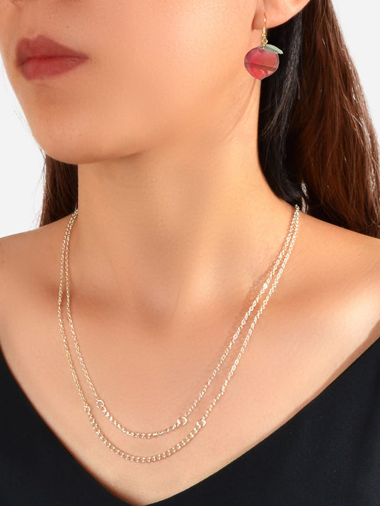 Jewelry set Double layer Silver Chain Necklace Pink Resin Peach Dangle Earrings-0