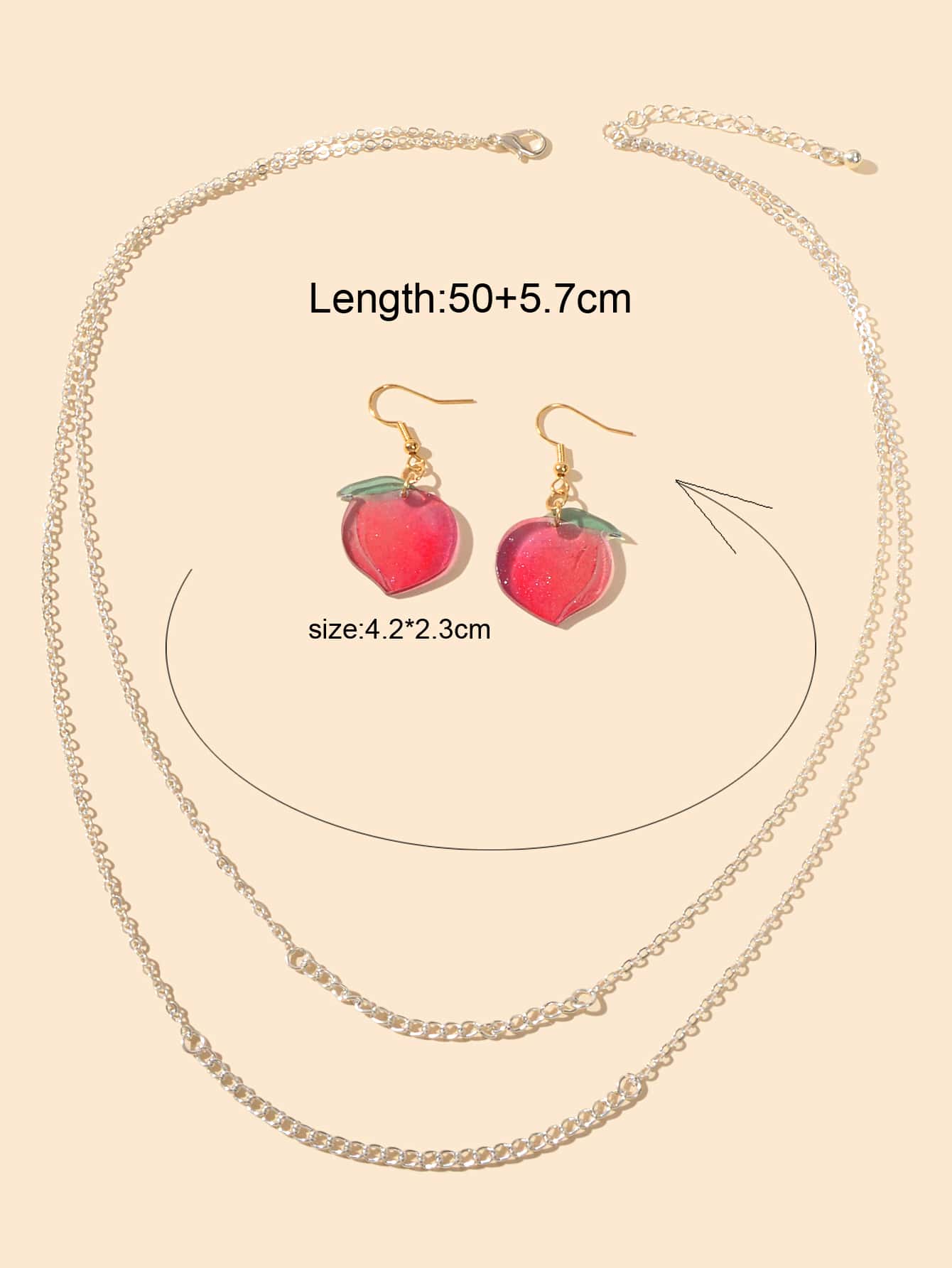 Jewelry set Double layer Silver Chain Necklace Pink Resin Peach Dangle Earrings-2