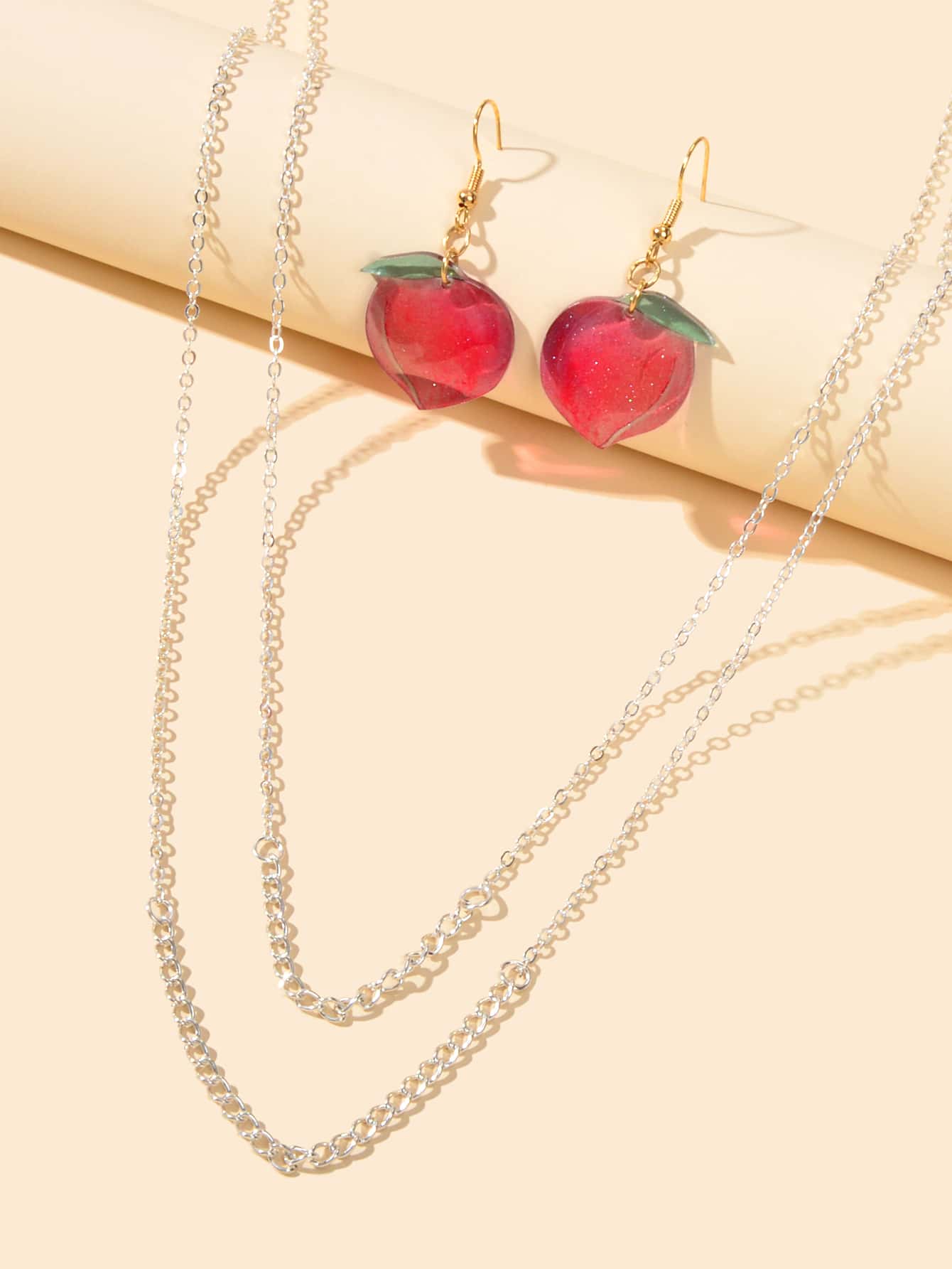 Jewelry set Double layer Silver Chain Necklace Pink Resin Peach Dangle Earrings-3
