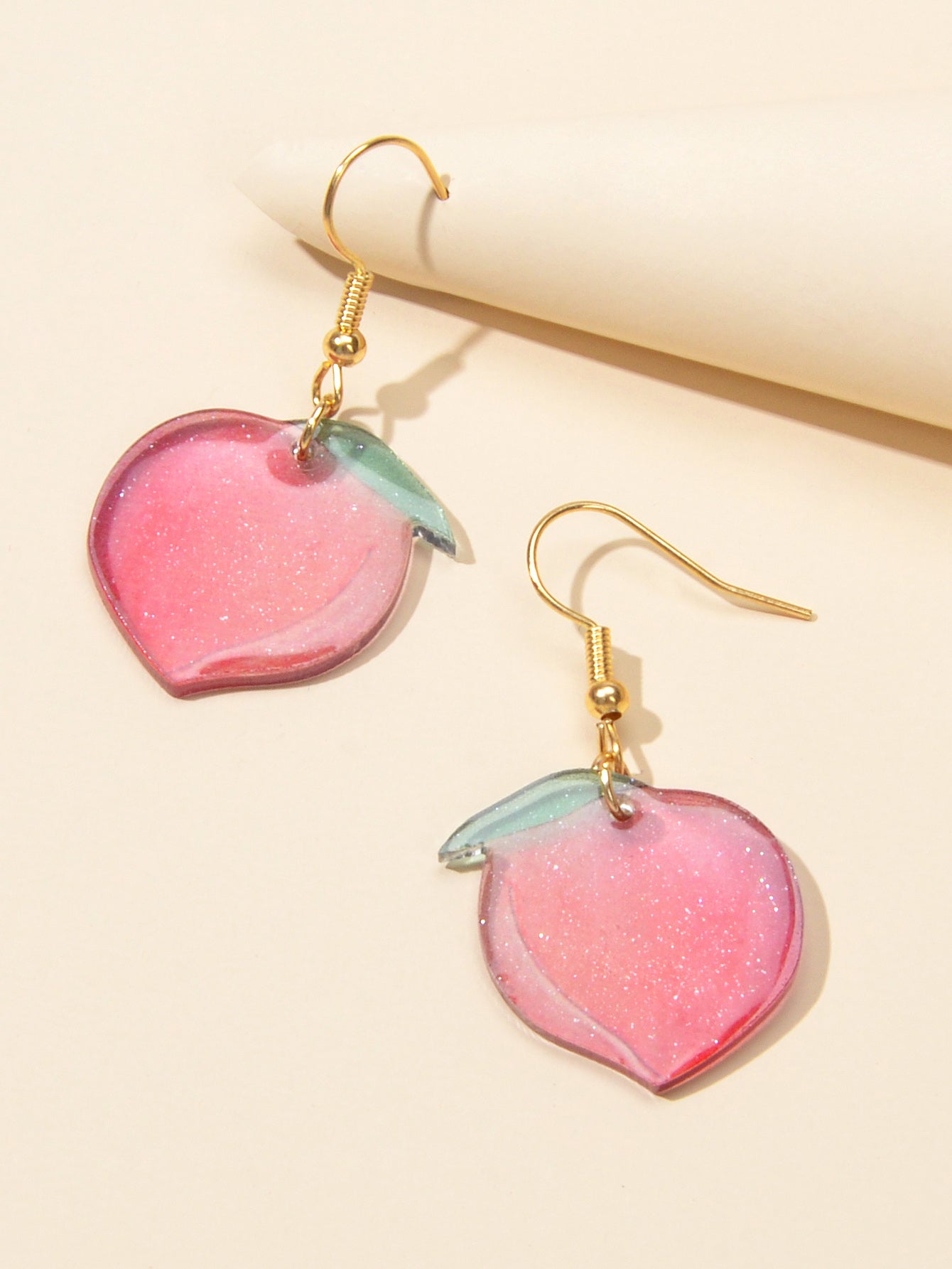 Jewelry set Double layer Silver Chain Necklace Pink Resin Peach Dangle Earrings-4