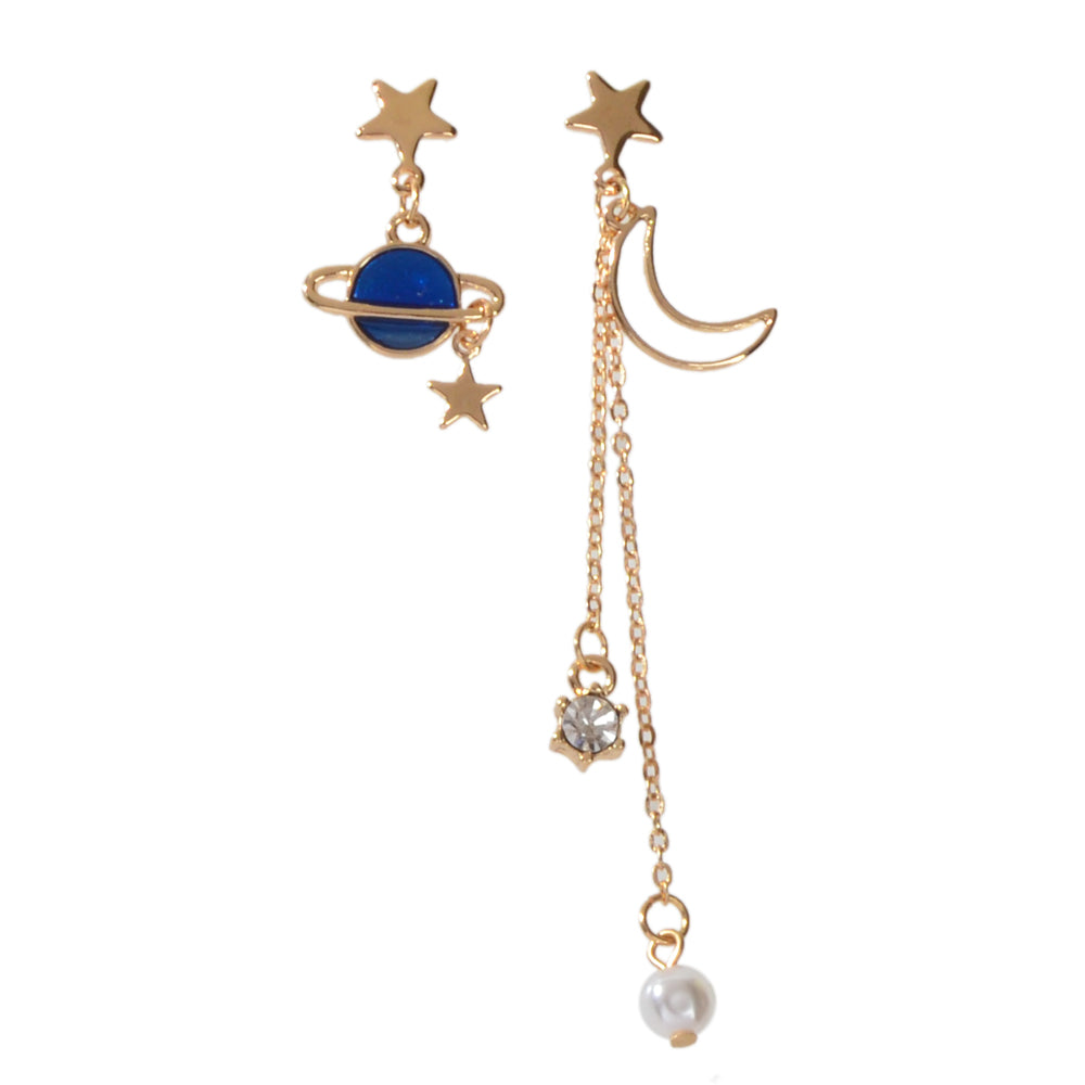 Asymmetric Pearl Rhinestone Decor Long Chain Star Moon Planet Dangle Earrings-4